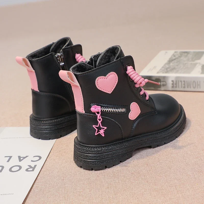 Girls Leather Boots Velvet with Anti Slip Low Cut Side Zipper 2024 new Winter Outdoor Girls Fashion Single Boots for girls