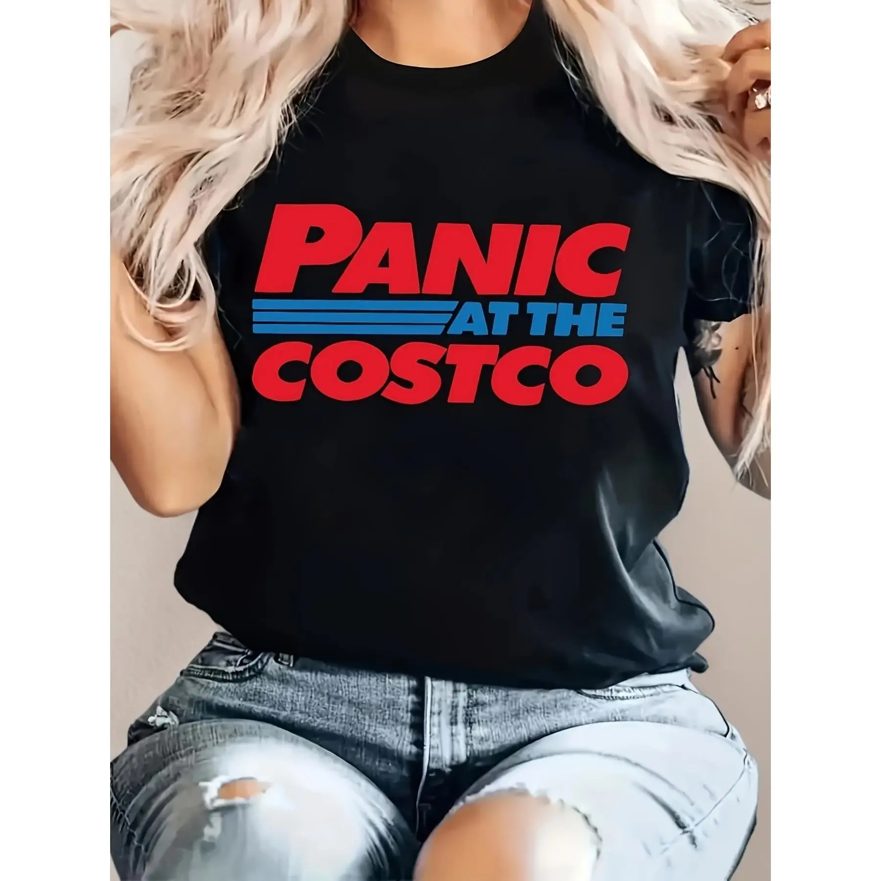 

Costco Panic Graphic T-shirt, Women's Crew Neck Short Sleeve T-shirt, Summer Tops