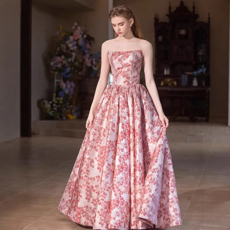 

Pink Dress with High-end Touch, Strapless Evening Dress, Vocal Art Examination, Conductor, Engagement Banquet, Evening Dress