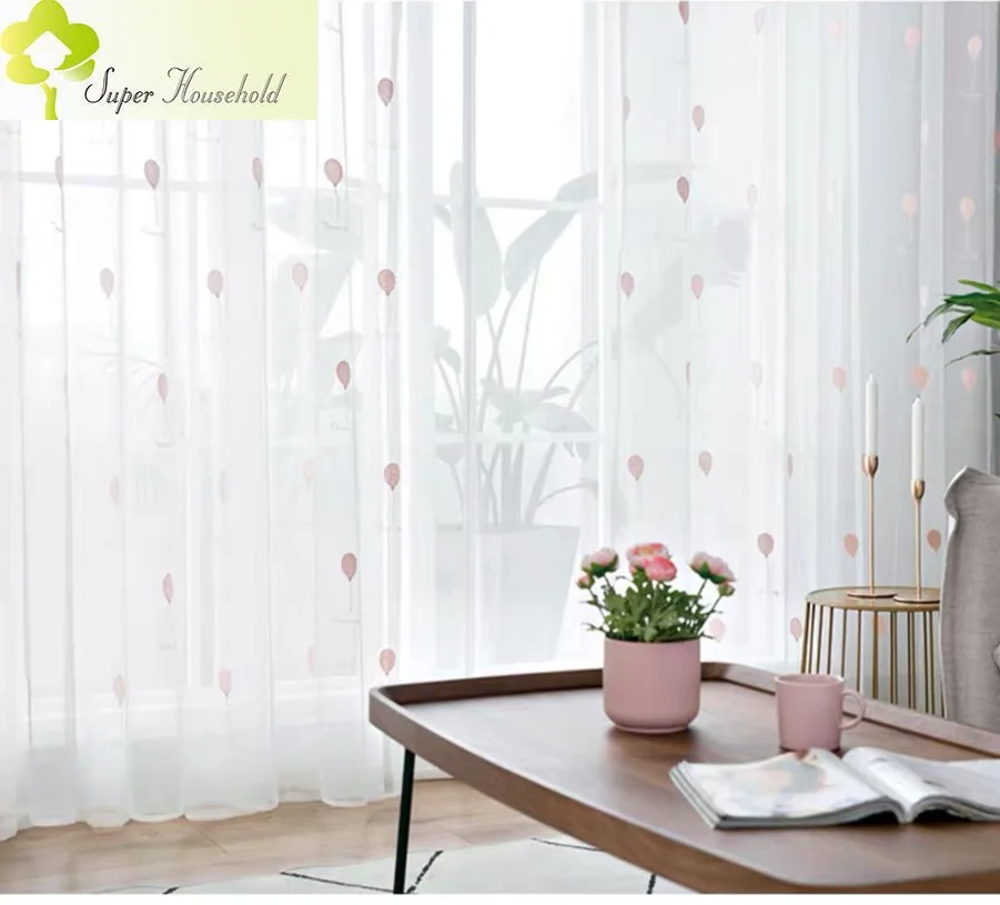 White Yarn Cartoon Balloon Embroidered Tulle Curtains for Children\'s Room Kids Bedroom Sheer Window Screens