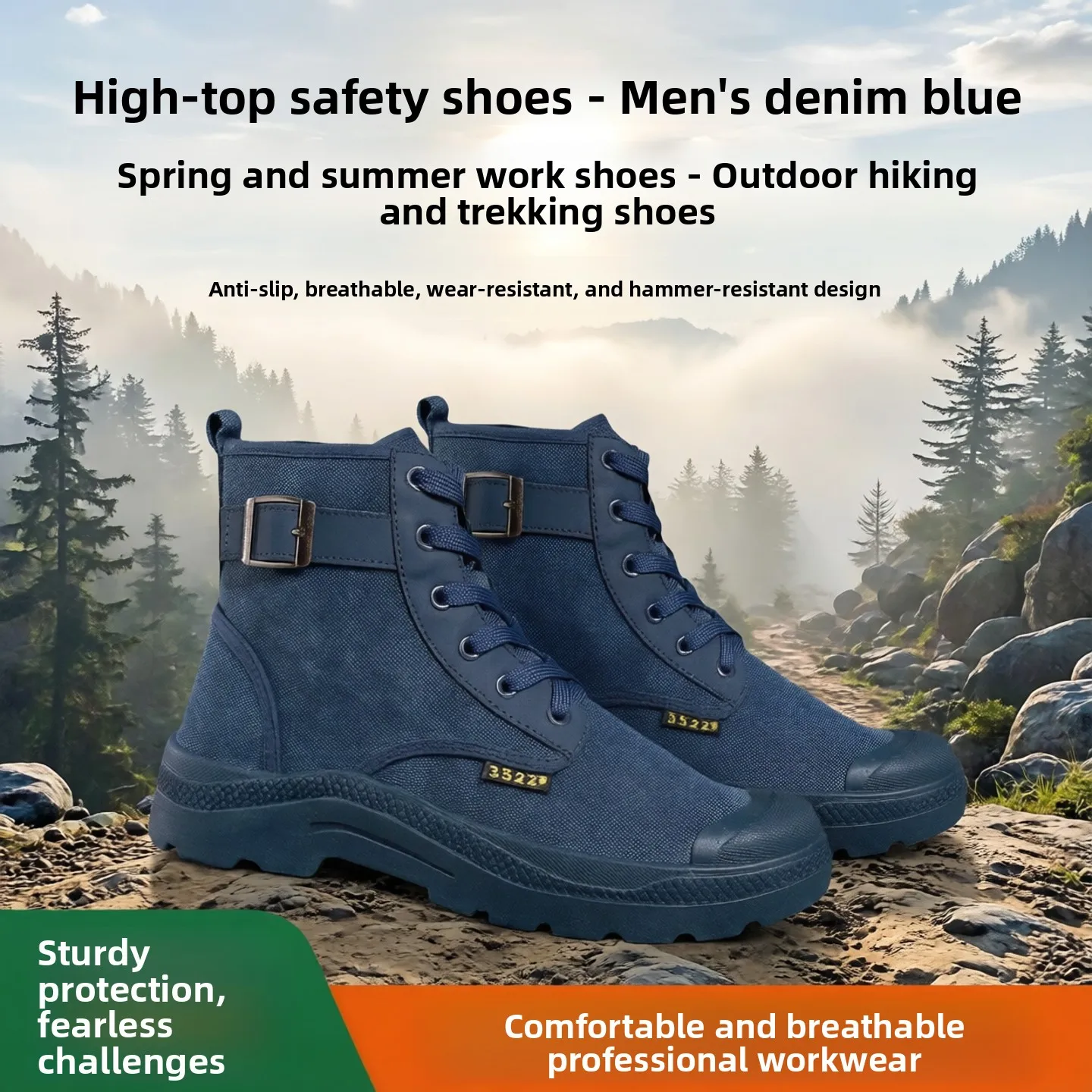 

Men's High-Tube Safety Shoes Denim Blue Spring Summer Workwear Outdoor Hiking Mountain Climbing Shoes Anti-Slip Breathable We...