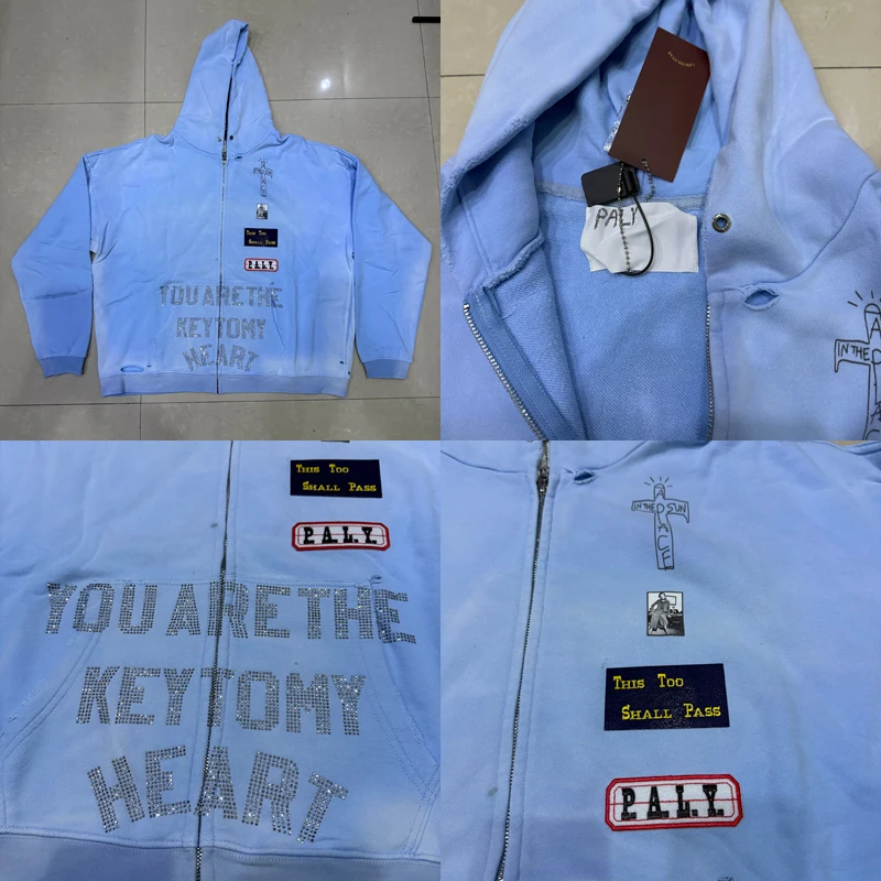 Мужская одежда с настоящими фотографиями, толстовка с капюшоном Paly Hollywood, толстовка с капюшоном в стиле хип-хоп, кардиган на молнии с отверстиями для горячего бурения