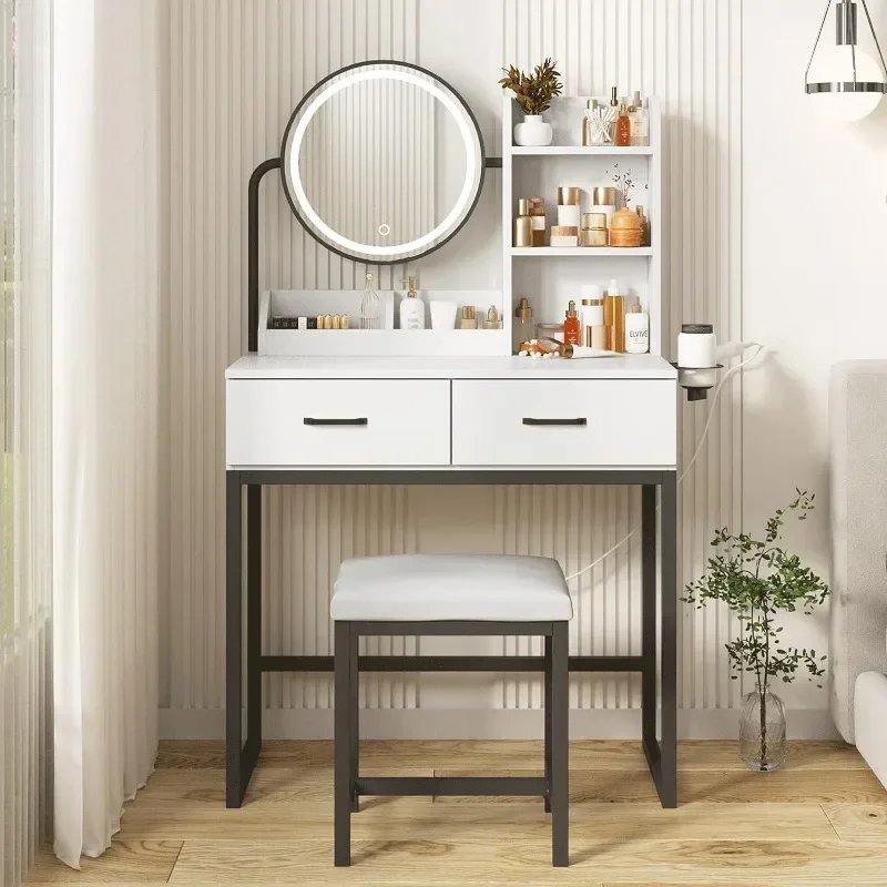 # Makeup Vanity Desk With Mirror And Lights, Cute Vanity Makeup Table, Small Vanity Table For Bedroom With Lots Storage, 3 Ligh