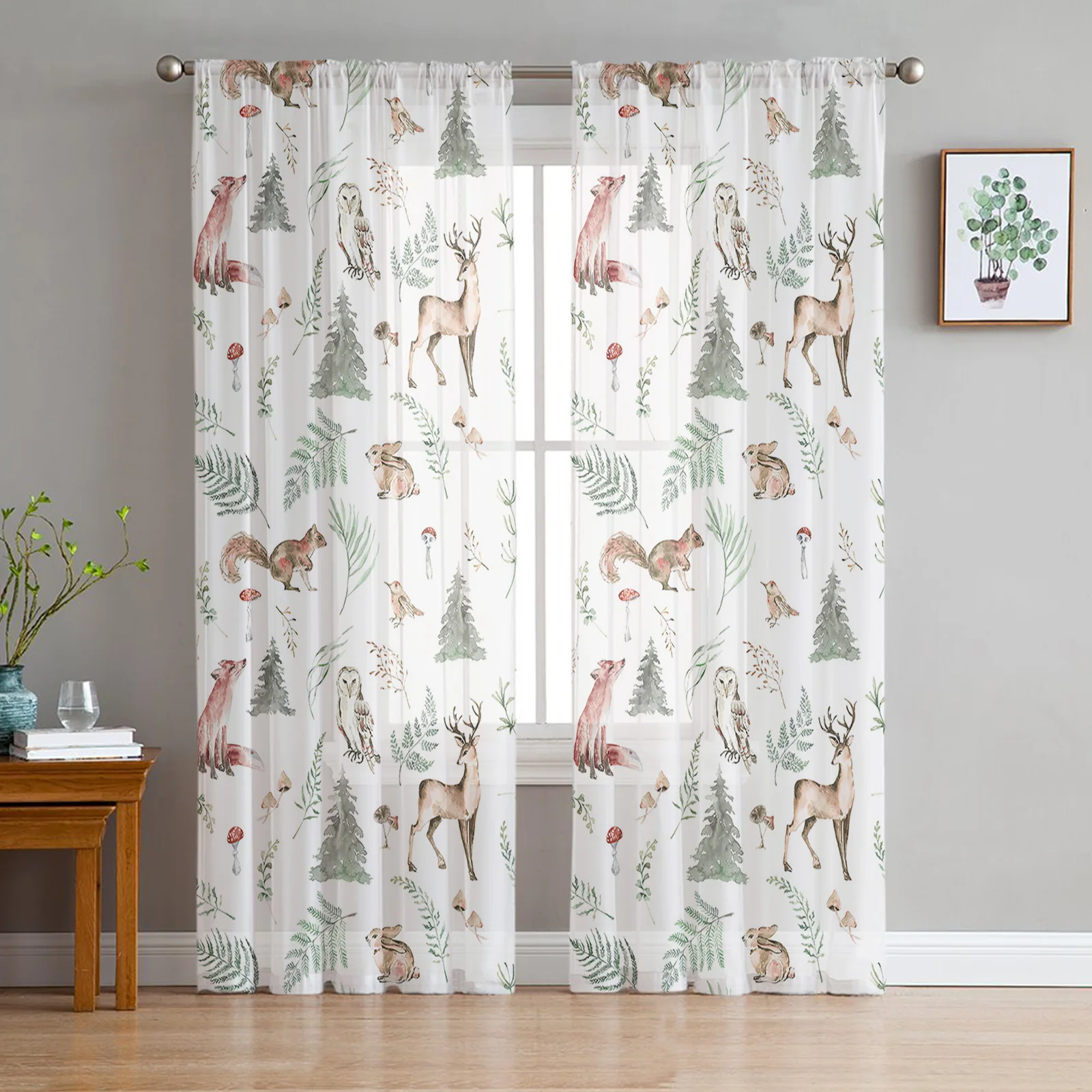 Christmas Tree Elk Fox Squirrel Leaf Mushroom Tulle Drapes for Living Room Bedroom Sheer Window Curtains Balcony Voile Curtains