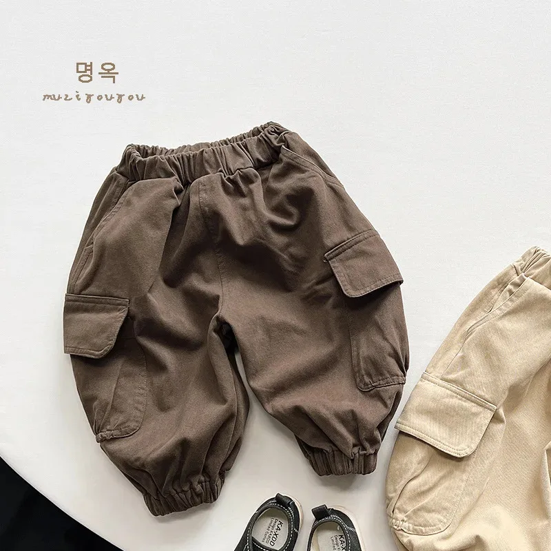 Pantalones Cargo lisos de primavera para niños, pantalones deportivos holgados y versátiles a la moda, pantalones Vintage de Boutique de algodón con pies atados