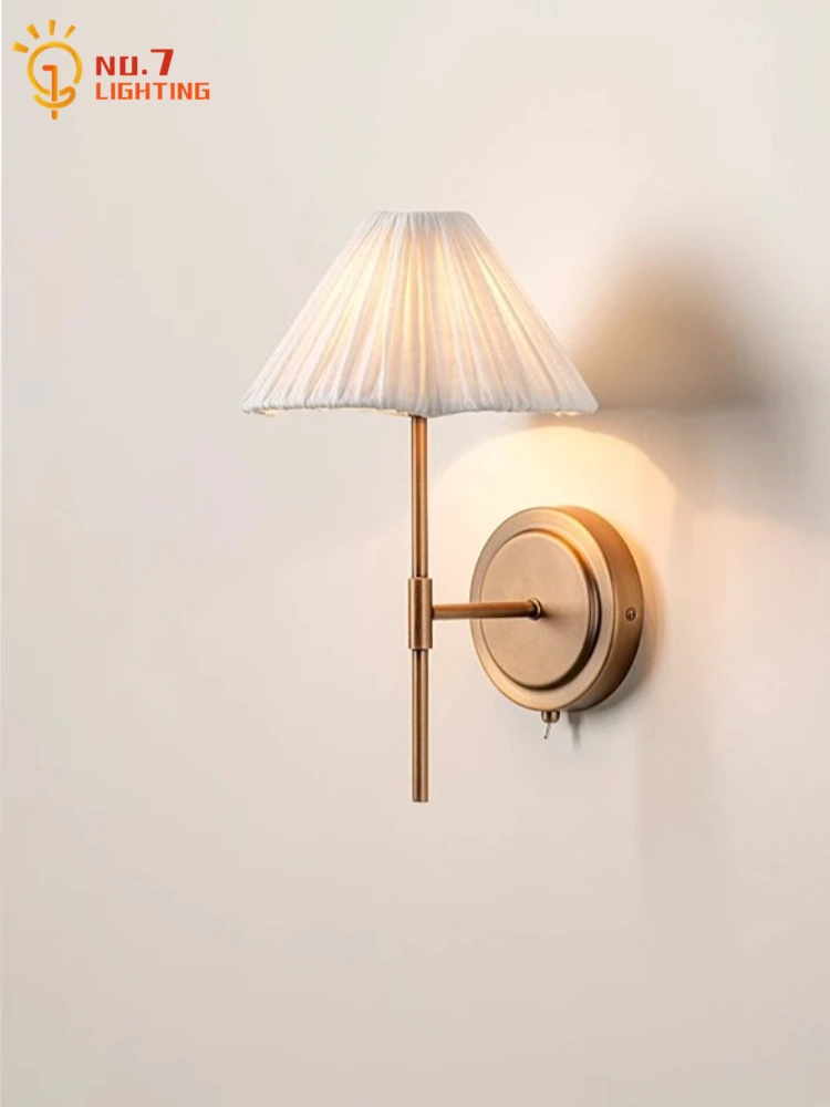 Nordic Modern Simple Copper Wall Lamp with Switch LED E27 Classical Designer Wall Mounted Hotel Aisle Bedroom Bedside Background