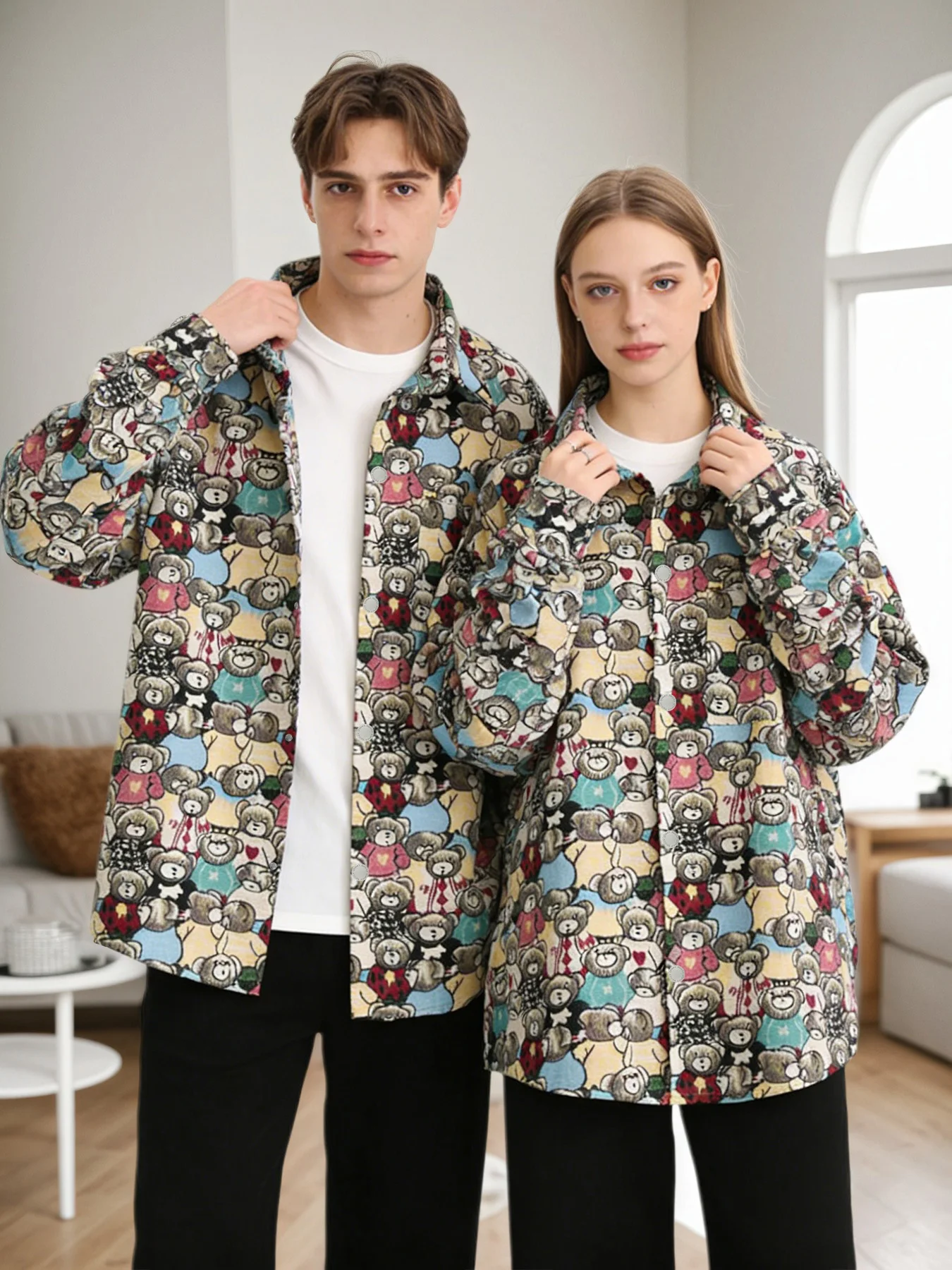 

Spring and autumn fun cartoon bear jacquard turn-down collar jacket, versatile and fashionable daily jacket for men and women