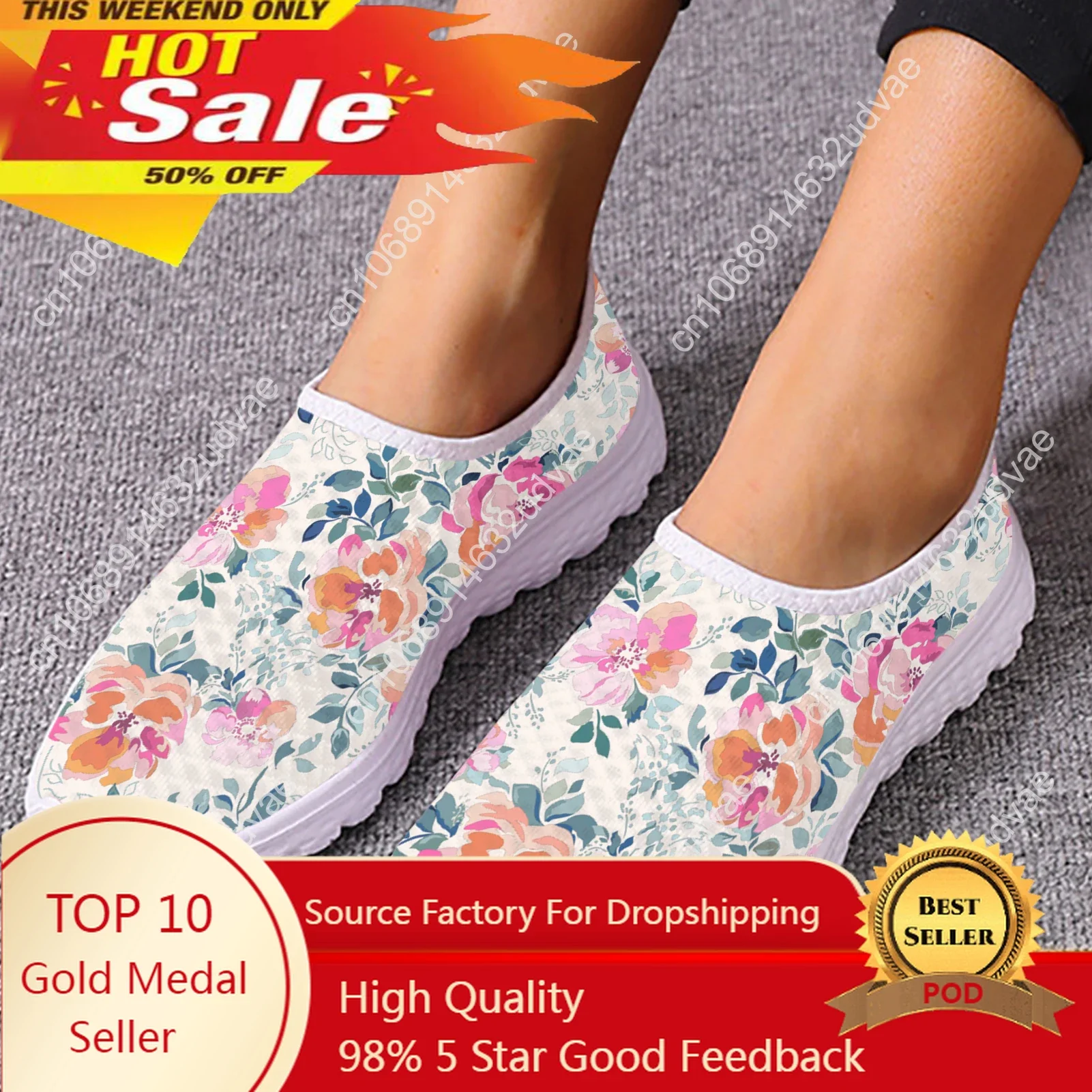 Beautiful Hibiscus Pattern Shoes Gold Flower Print Sneakers Slip On Light Mesh Shoes Summer Breathable Flats Shoes