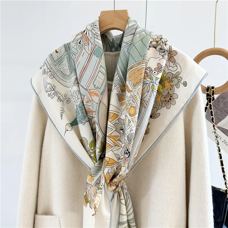 Garden Print Wool Scarves Wraps for Women Large Square Wool Blanket Scarf Shawl Cape Double Sided Printing 135x135CM