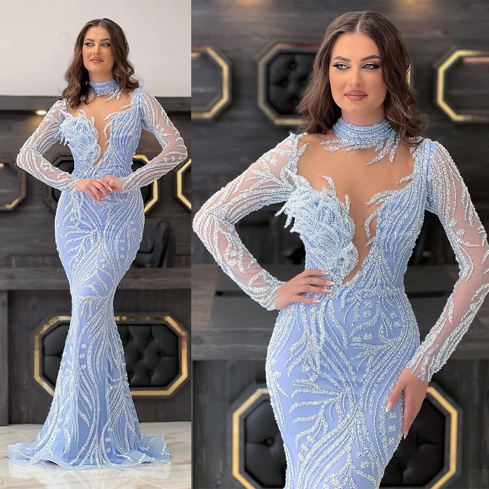 

Chic Sky Blue Mermaid Prom Dress Sheer Neck Lace Evening Gowns Illusion Sequined Party Dresses Custom Made