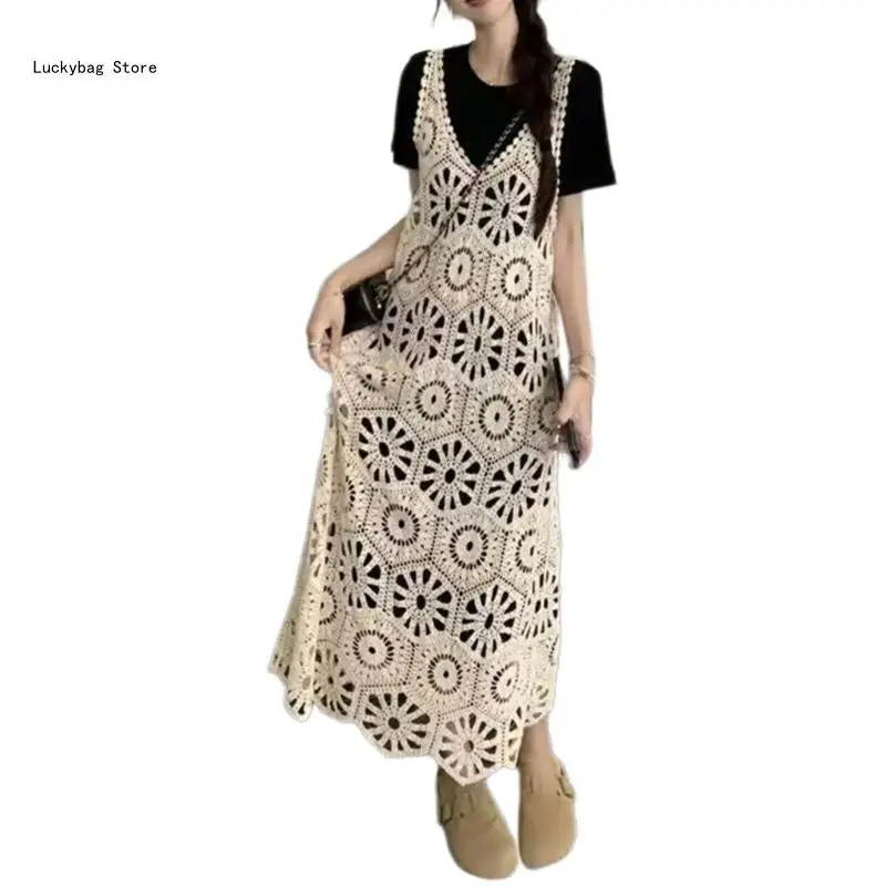 Women Hollow Out Crochet Geometric Flower Sleeveless Midi Long Dresses Beach Vacation Knitted Sheer Cover Up Dresses