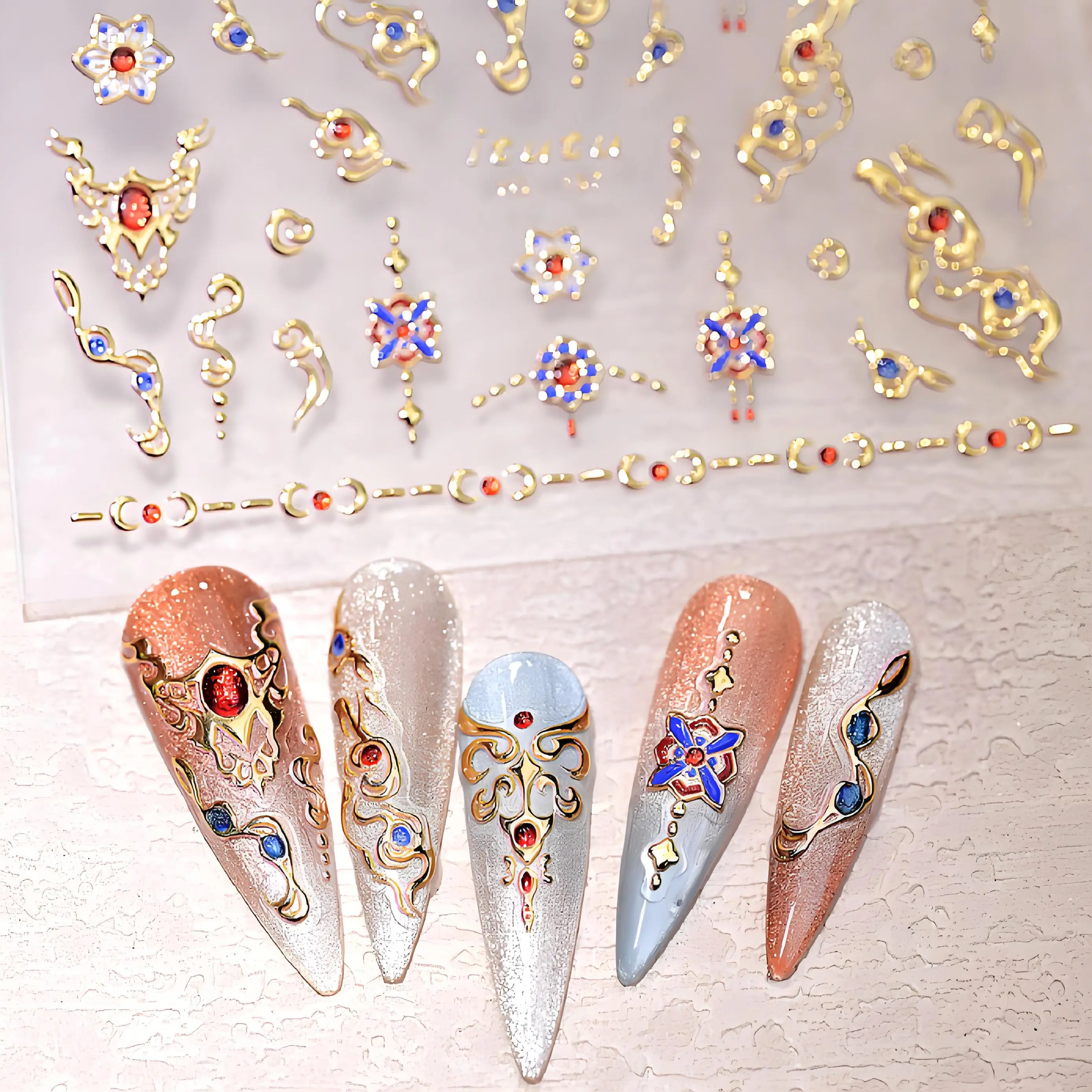 5D Luxurious Emerald Ruby Baroque Scepter Nail Art Stickers Shiny Palace Imitation Gemstone Jewelry Manicure Decals Accessories