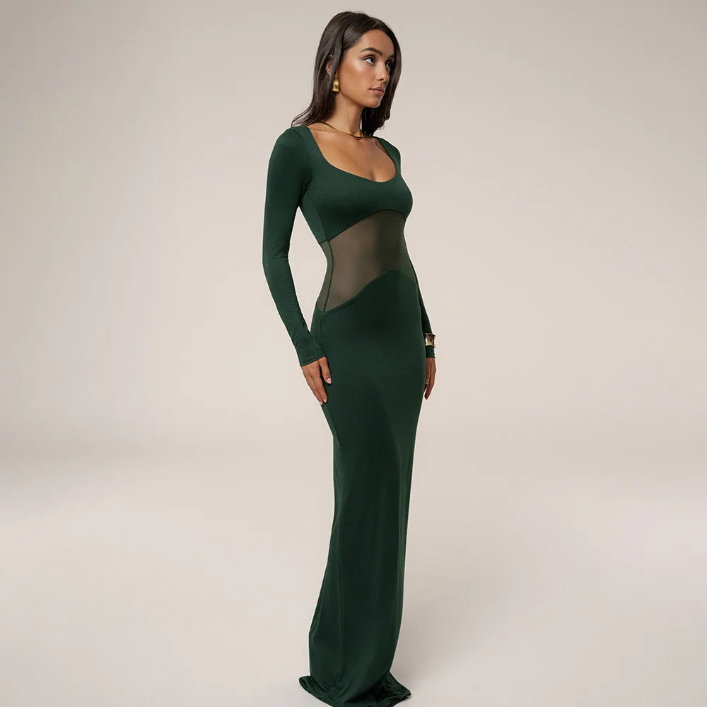 Absobe-maxivestido Sexy de malla transparente para mujer, vestido elegante ajustado con cuello cuadrado de Color sólido, ropa de fiesta de otoño e invierno 2025