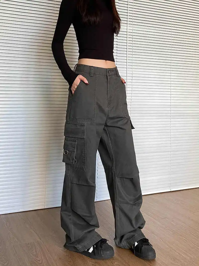 

Khaki Color Womens Jeans High Waist Vintage Straight Baggy Pants Cargo Design Sense Streetwear American Wide Leg Denim Trouse