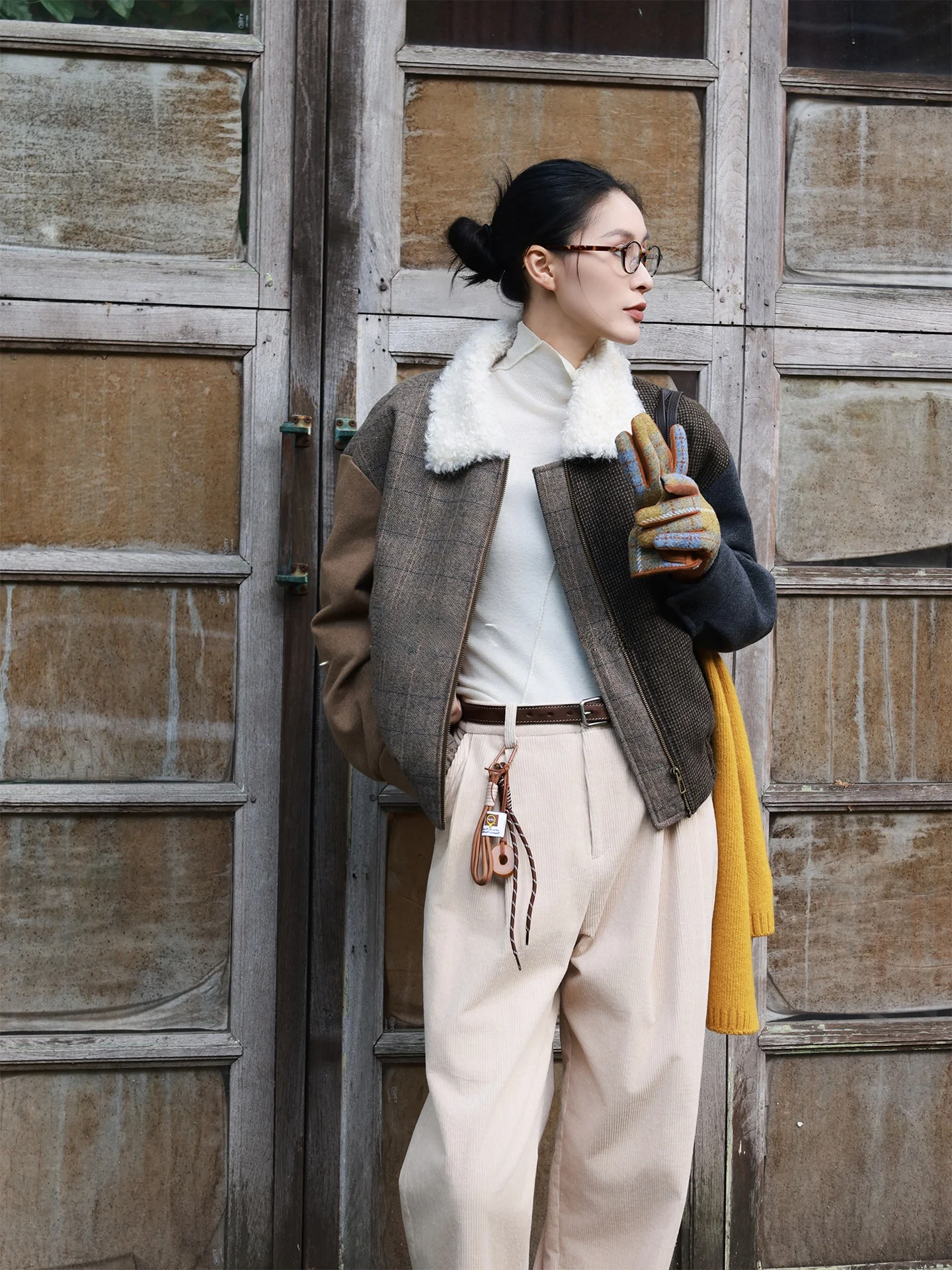 

Retro Sle ort Cotton Jaet with Wool Collar Patchwork Plaid Design Women's Outerwear Coat by Jieji Zhang 3538