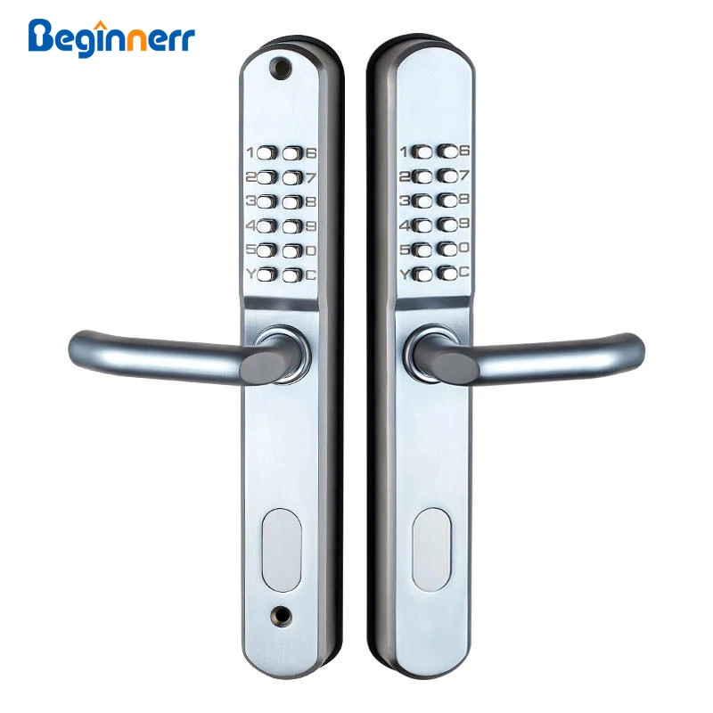 

Double sides mechanical combination lock for outdoor patio door No power No wiring Physical button password handle door lock