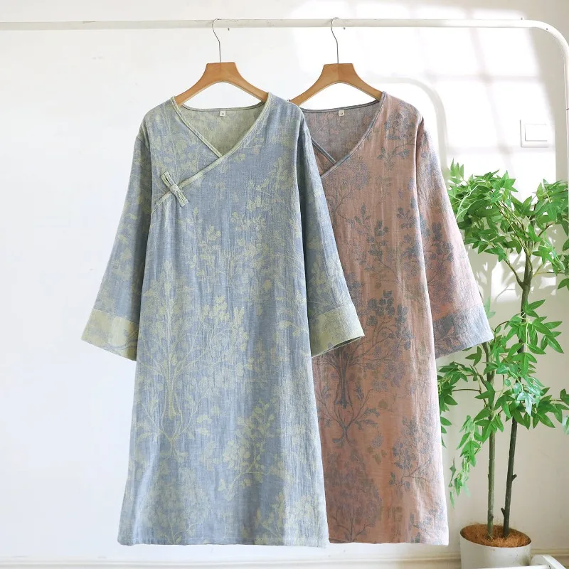 

Retro Chinese Pure Cotton Yarn-dyed Double-layer Gauze Nightdress Autumn Women's Long-sleeved Long Home Dress V-neck Nightgowns