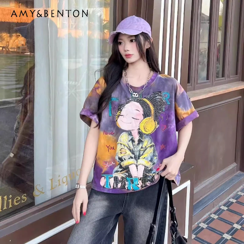 

2026 Summer New Trendy Brand Y2k Sweet Top Tees Loose Diamond Drills Earphones Girl Cartoon Pattern Loose Short-sleeved T-shirts