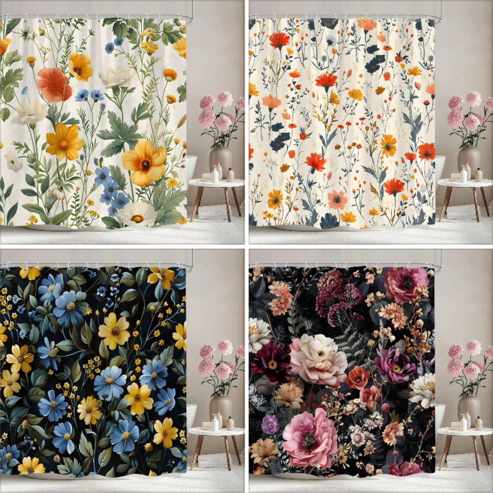 Vintage Floral Shower Curtain Colourful Flower Watercolour Flower Artist Home Polyester Fabric Shower Curtains Bathroom Decor