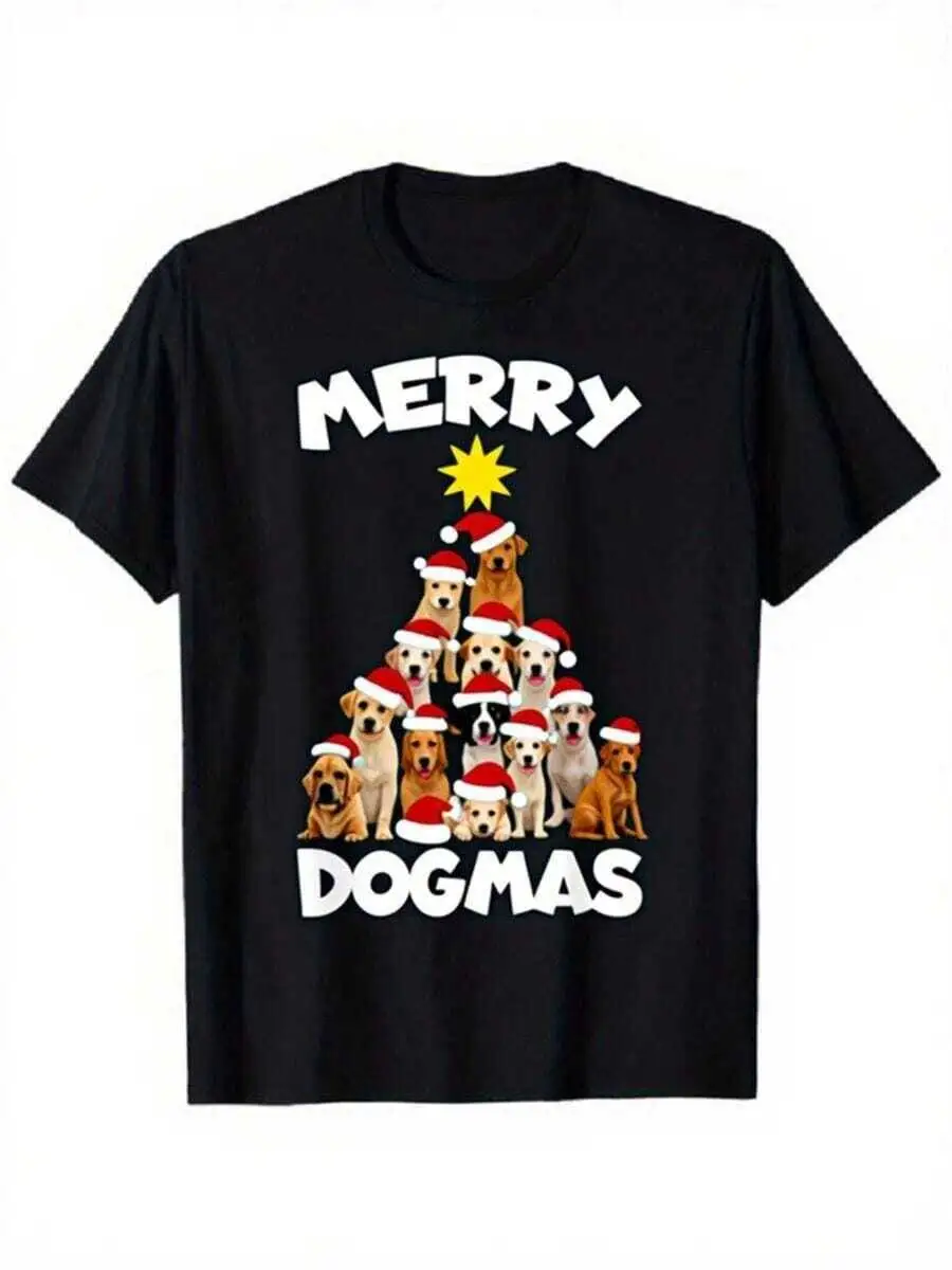 Merry Dogmas T Shirt With Cute Dogs In Santa Hats Black Short Sleeve Holiday Tee Men Women Dad, Husband, 100% Cotton Trendy Y2K