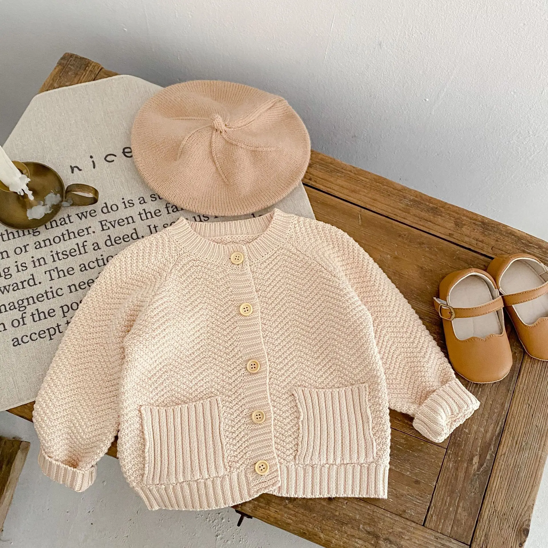 Spring and autumn newborn sweater baby round neck pure color knitting cotton long sleeve cardigan coat