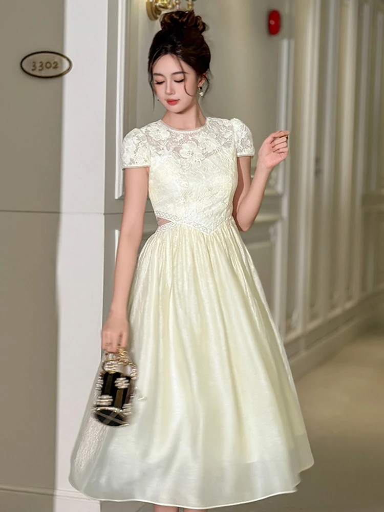 Robe de rencontre élégante de célébrité pour femmes, exquise, dentelle transparente, épissure, taille ajourée, Robe trapèze, charme féminin, fête