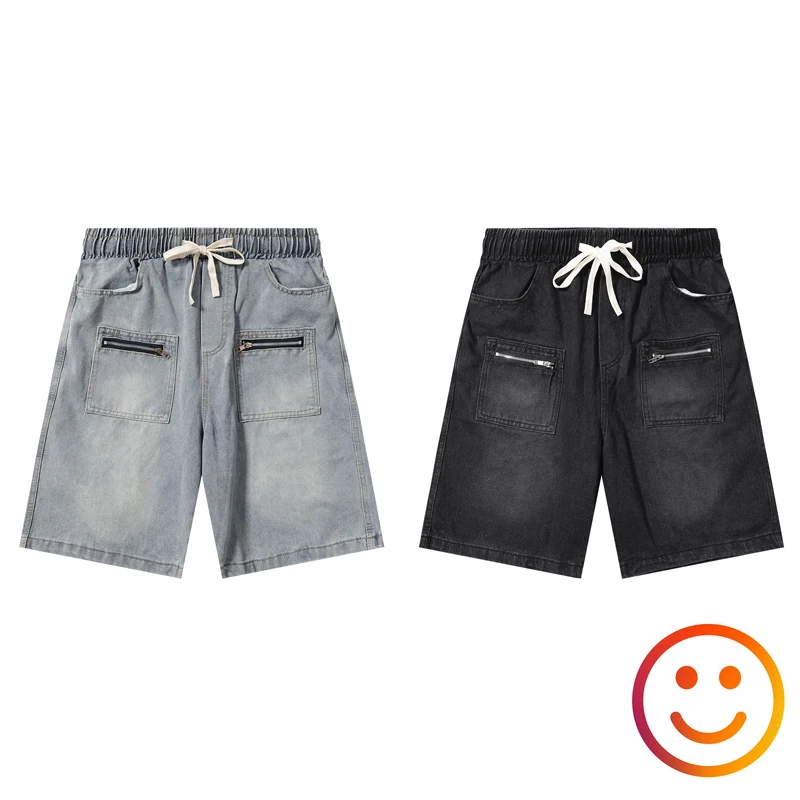 

Black Blue Zipper Pockets Drawstring Denim Shorts Men Women Summer Straight Shortpant