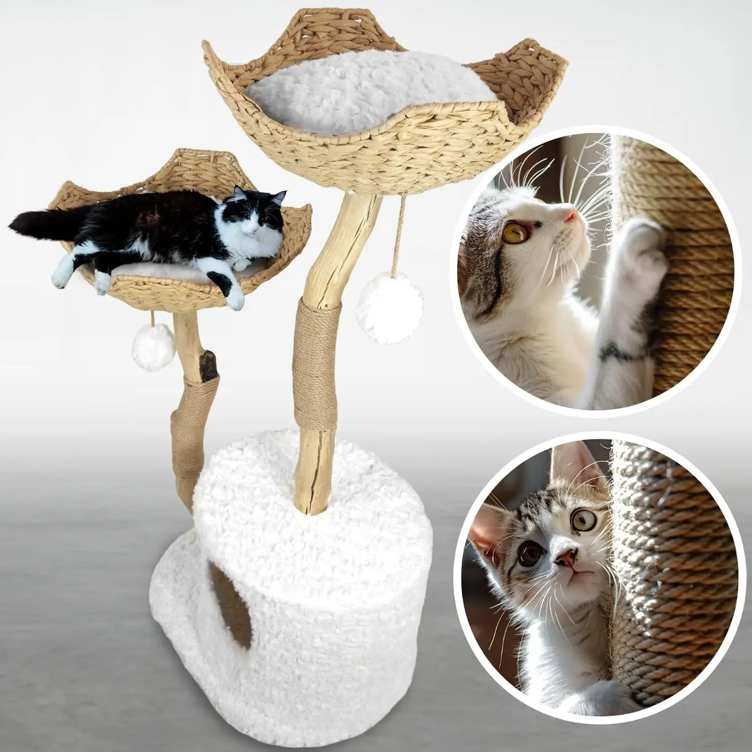 Cat-Tree Tower Modern Cat Furniture ไม้จริงสาขาโพสต์แมวขนาดใหญ่คอนโด Multi-Cat Perch สีขาว 46"