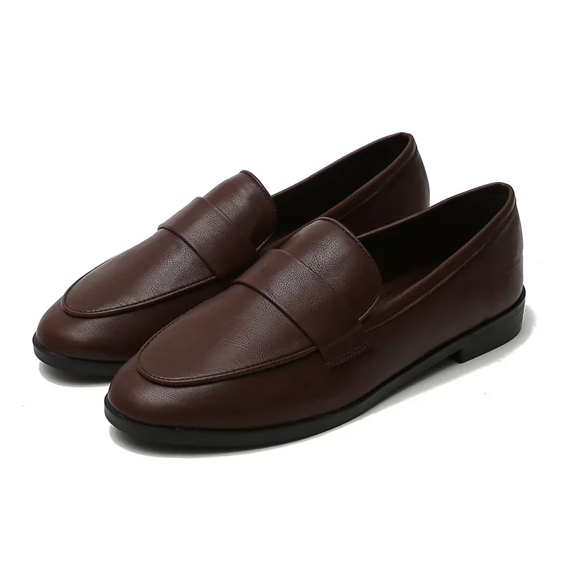 Retro British Style Women Leather Shoes Flat Casual Loafers Fashion Slip on Round Toe Office Work Shoes Zapatillas Mujer