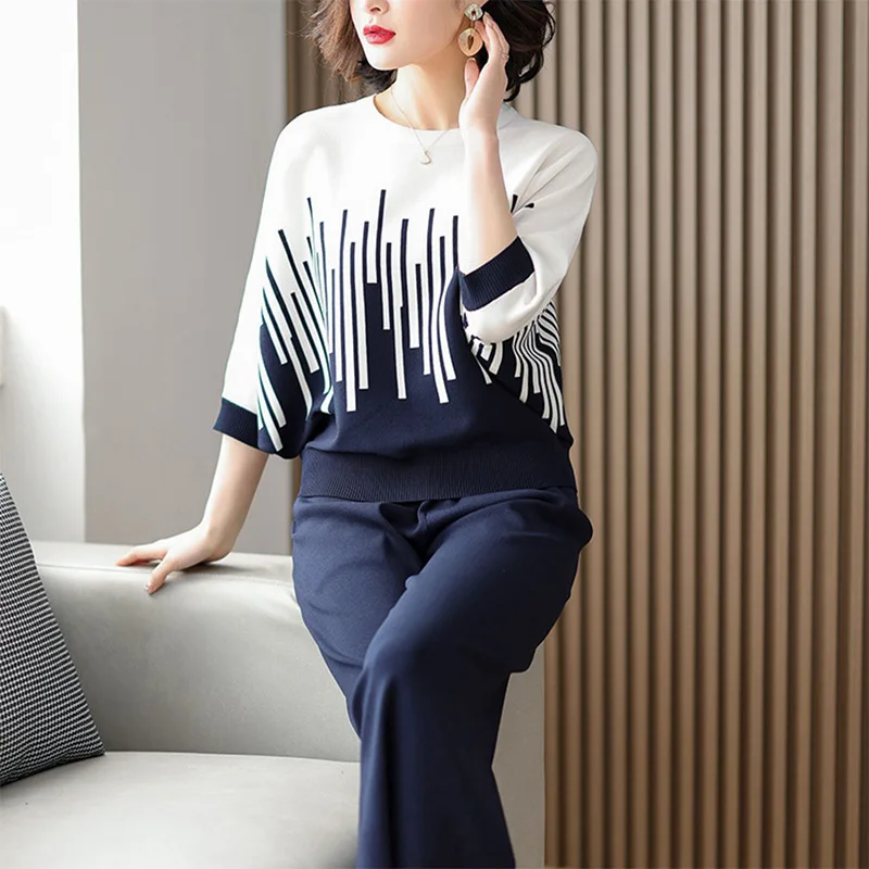 Contrasting colors Knitted Two-piece Women\'s Set 2023 Spring/Summer New Loose Knitt Short Sleeve Top+Wide Leg Pants Casual Sets