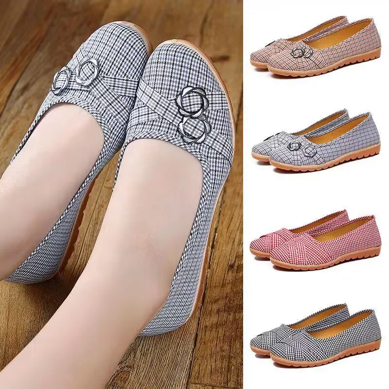 Beef Tendon Soft Sole Beijing Cloth Shoes Women Plaid Comfortable Non-Slip Light Leisure Work Shoes