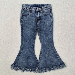 Wholesale Kids Infant Pocket Washed Blue Denim Children Jeans Toddler Zipper Bell Bottom Pants Baby Girl Tassels Trousers