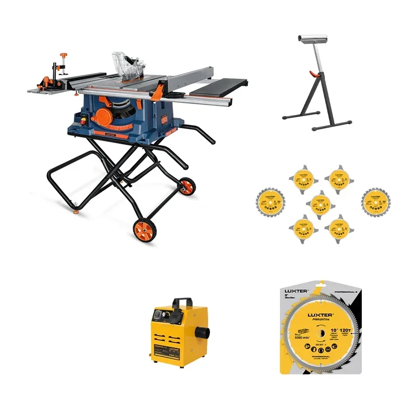 -LUXTER Serra de mesa + aspirador + suporte de rolo duplo + lâmina DADO + lâmina de madeira 120T para corte de madeira para trabalho em madeira Venda por varejo 220V