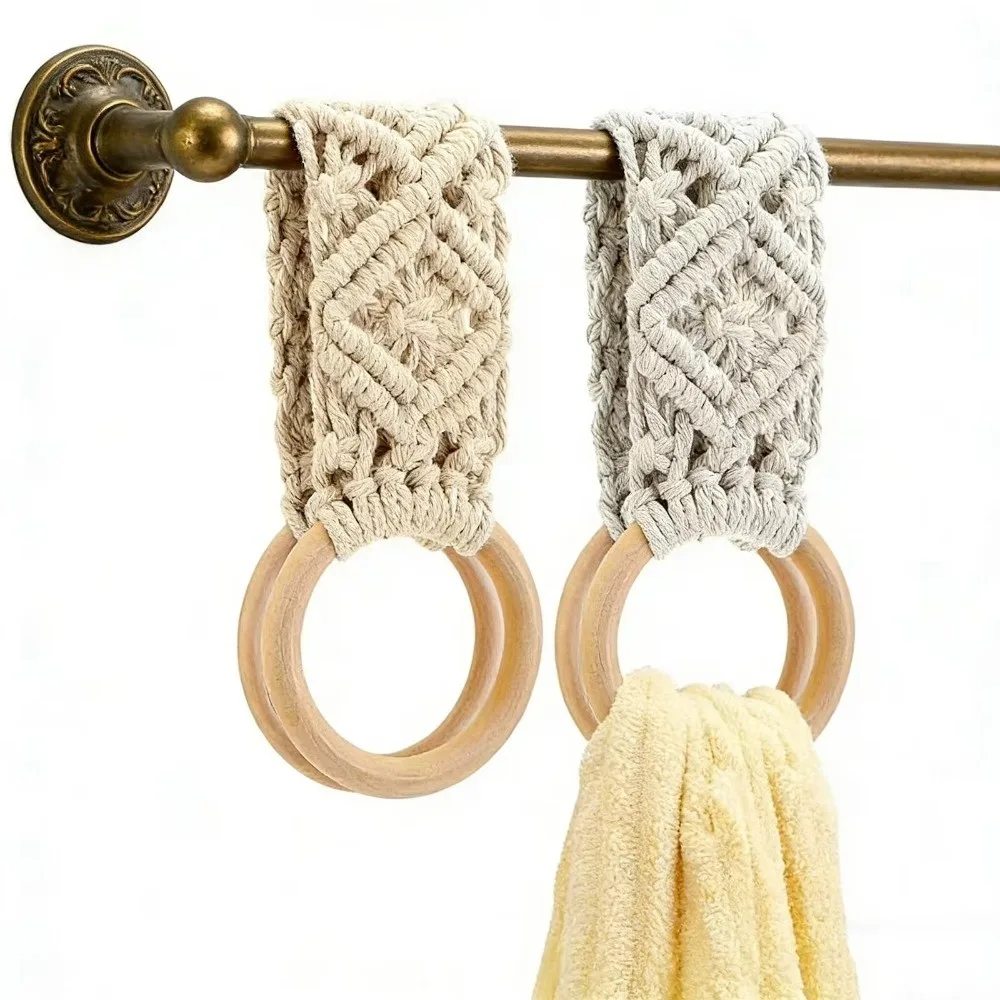 Cotton Rope Macrame Towel Holder Wooden Ring Hand Woven Towel Ring Holder Wall Hanging Boho Style Hand Towel Hanger Home Decor