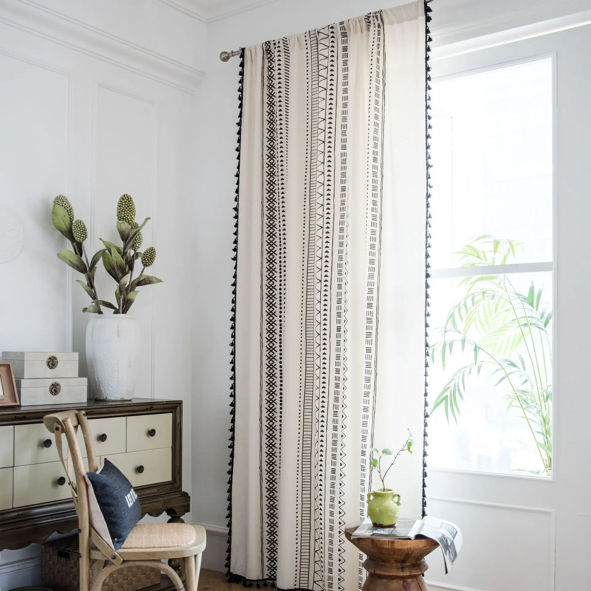 Bohemian-Style Black And White Printed Finished Cotton And Linen Curtains for Home Decor