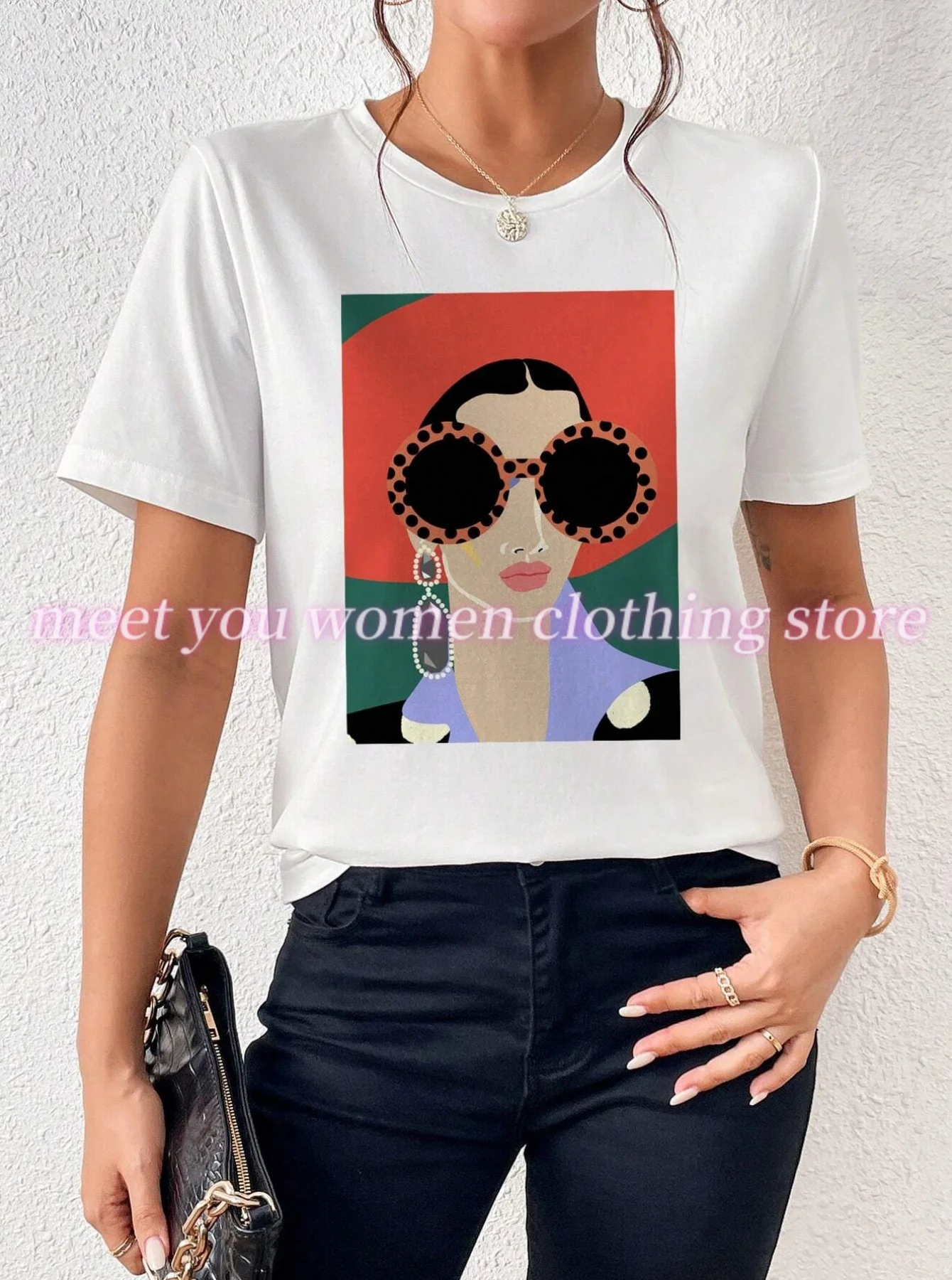 2025 Womens 3d Sunglasses Girl Print Female Summer Basic O-Neck Tees Casual Retro Streetwear Ladies Sport Tops Women Clothing