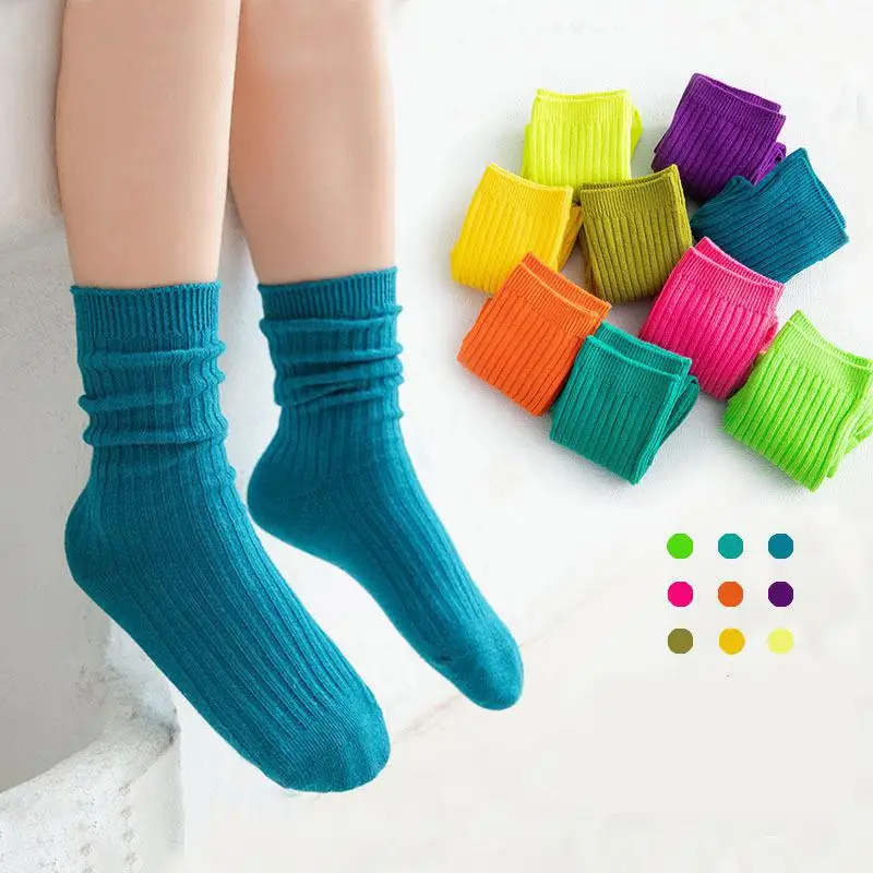 3Pairs Spring Summer Socks For Boys Solid Fluorescent Mid-Calf Neo Colors Socks On Girls Soft Cotton Students Socks Candy Colors