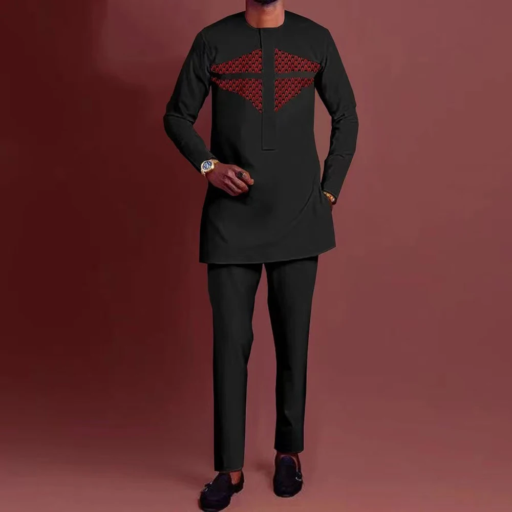 2023 Men's Elegant Suit Shirt Pants 2-piece Two-piece Set Round Neck Stitching Solid Color Party Long Sleeve African Ethnic Styl