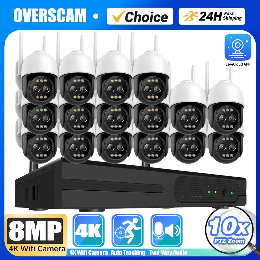 10X PTZ Zoom 4K EseeCloud Camera 16CH Wireless NVR Video Security System Auto Tracking Smart Wifi Surveillance Cameras CCTV Kit