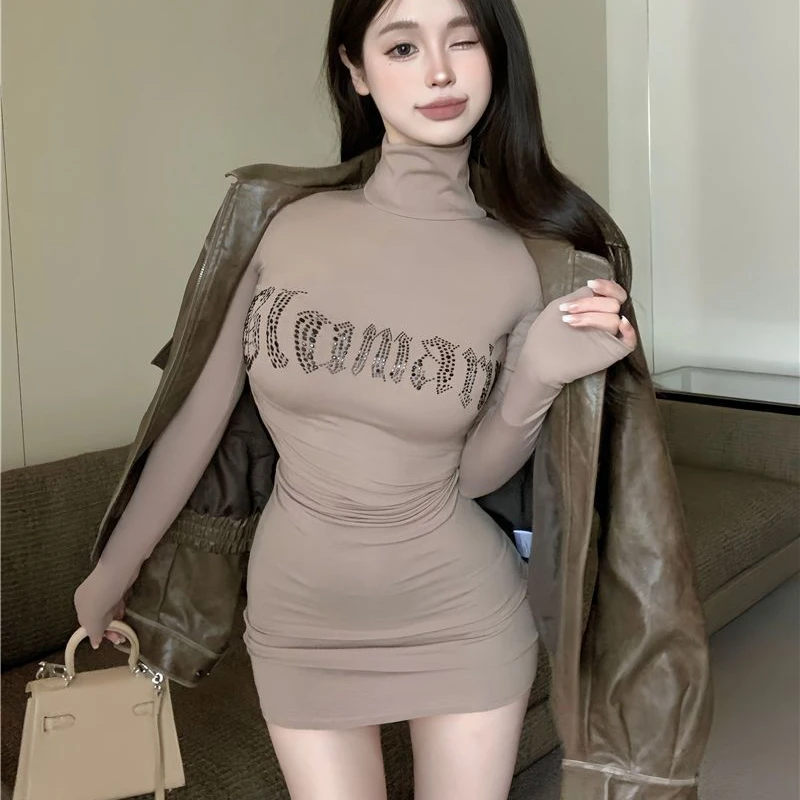 Long Sleeve Mini Dresses Women Letter Printing Turtleneck Sexy Bodycon Slim Hip Wrap Flattering Waist Basic Spring Autumn Chic