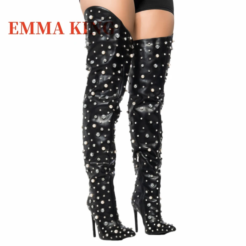 النساء حجر الراين الفخذ أحذية عالية مثير أشار تو الخناجر فوق الركبة أحذية السيدات فستان فاخر أحذية بوتاس دي Mujer