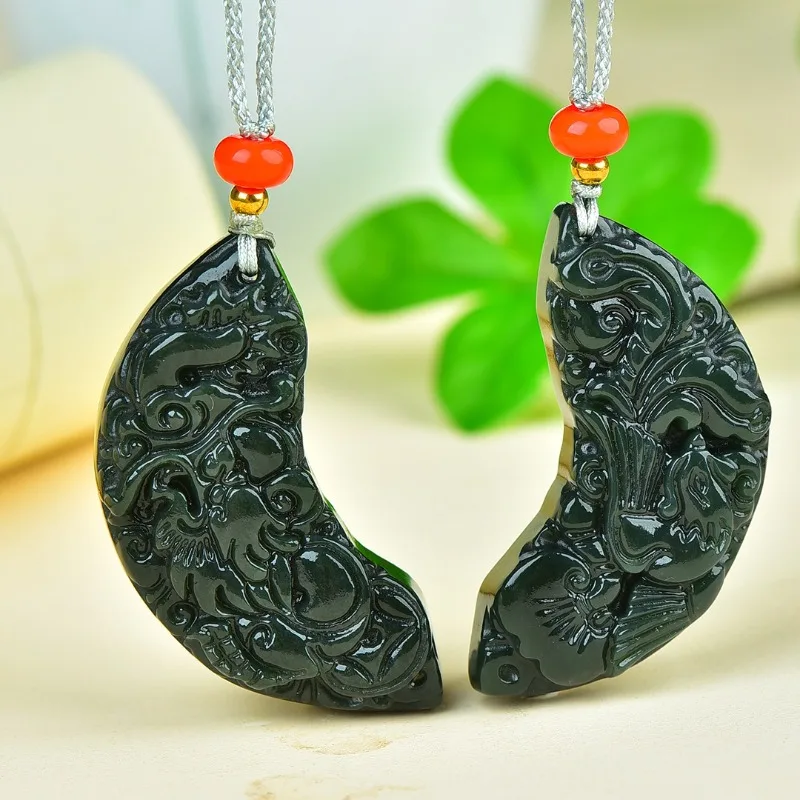 

Natural Exquisite Hetian Jade Crescent Moon Dragon and Phoenix Pendant Male and Female Couples Jade Pendant
