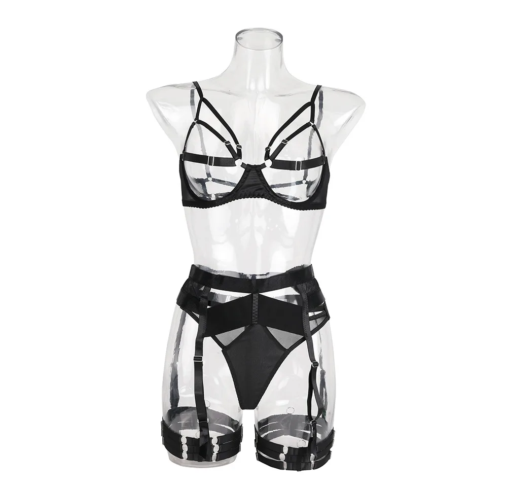 

Transparent Cupless Bra With Garter Belt PVC Lingerie Set Women Open Bra Thong Leg Straps See Through Harness Outfit