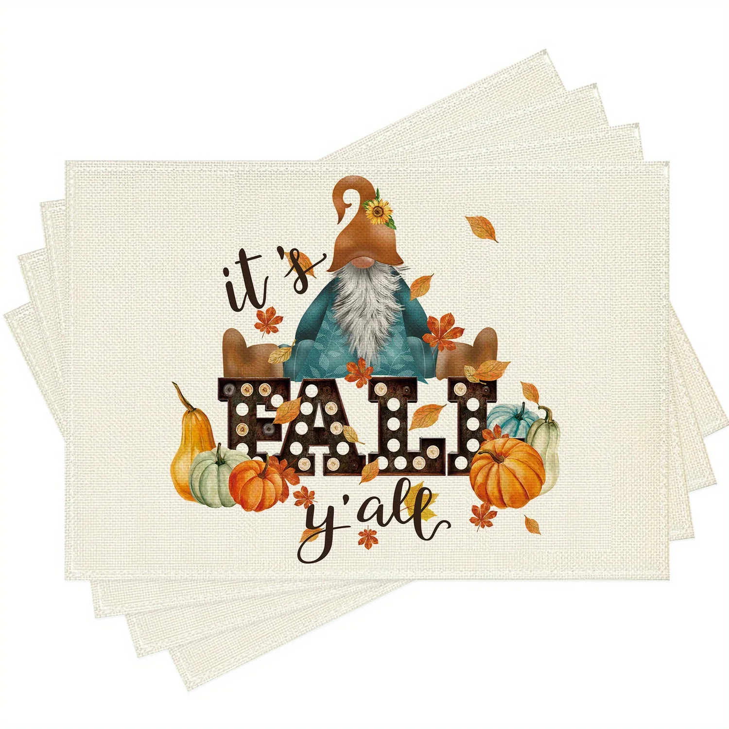 

11.81*17.72inch Autumn Harvest Autumn Placemats 4/6pcs - Festive Gnome Pumpkin & Leaves Design, Polyester Rectangular Table Mats