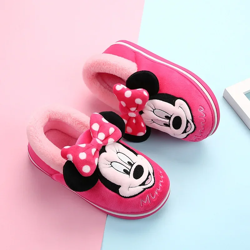 Disney Mickey Minnie Kids Cotton Slippers Cartoon Boys Girls Warm Winter Indoor Slippers Non-slip Home Children Plush Slippers