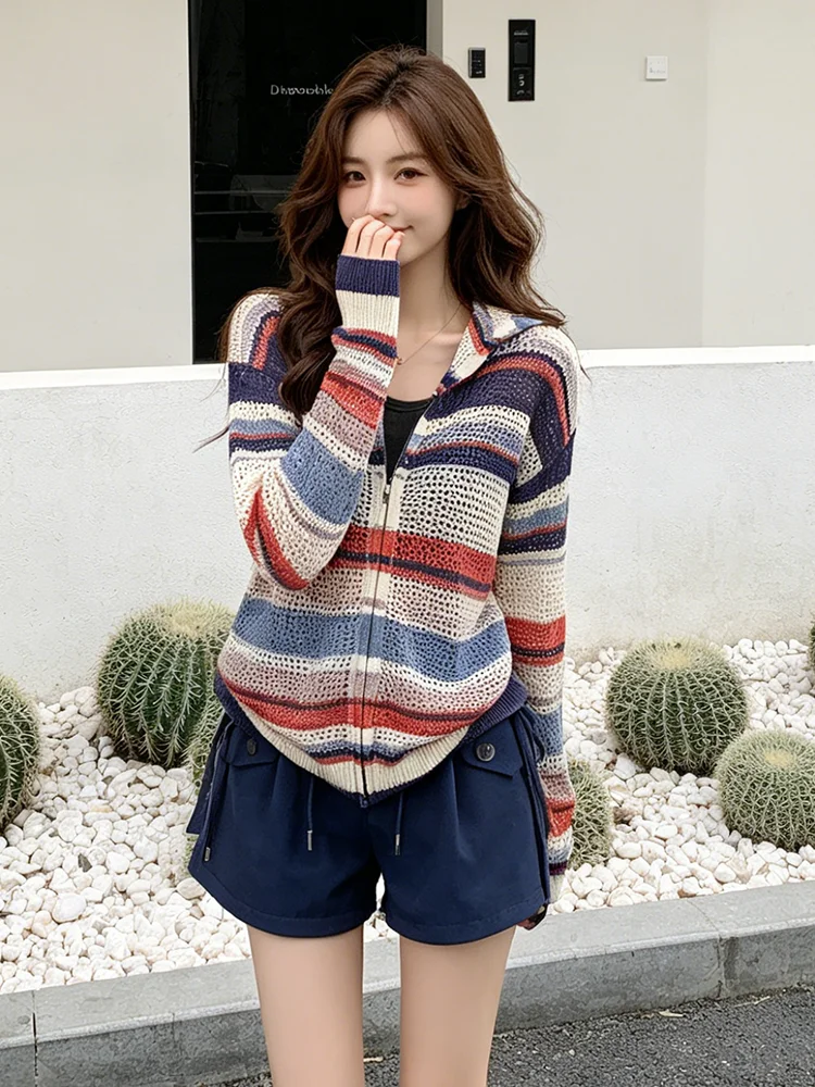 

Korean Lazy Style Fashionable Two-Piece Set Women's Summer New Color Block Stripe Knitwear High Waist Shorts Set Casual Wear