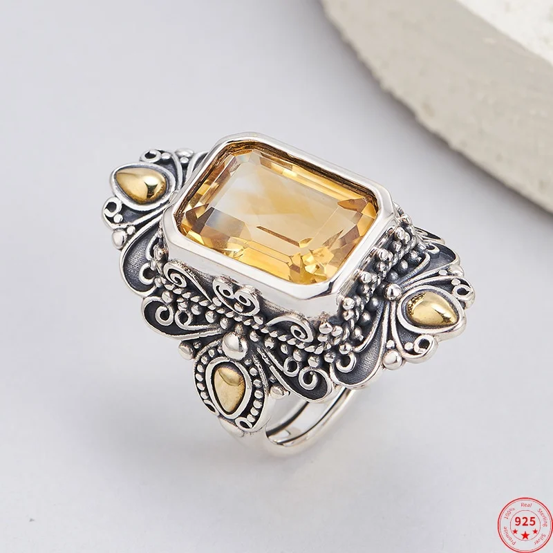 

S925 Sterling Silver Rings for Women Men Retro Palace Style Pattern Inlaid Natural Citrine Fashion Jewelry Wholesale