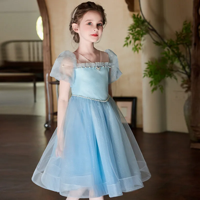 Fashion Pearl Embedded Blue Children's Dress with Bubble Sleeves And Tulle Skirt for Girl's Baptism Birthday Dinner Party Wear
