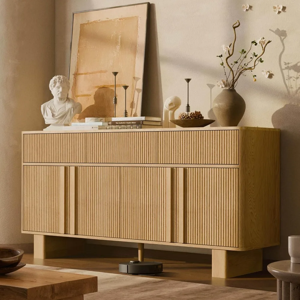 

63" Wide Sideboard Buffet Cabinet with Storage, Modern Buffet with 3 Drawers and 4 Doors, Storage Cabinet with 2 Reinforced Legs