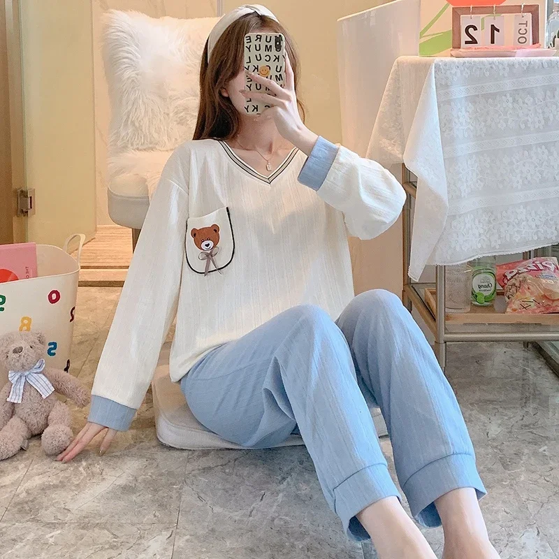 Conjunto de Pijama de algodón de manga larga con cuello en V para Mujer, ropa de dormir coreana, bonita, para el hogar, primavera, 2024